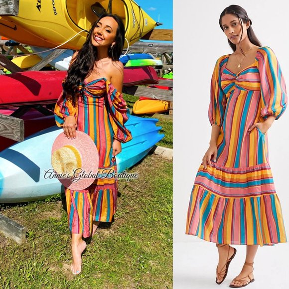 RARE NWT ANTHROPOLOGIE FARM RIO Rainbow Striped Flounced Midi Dress. Size L - Picture 2 of 16